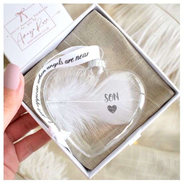 Amaya Rose Ltd In Memory of SON Feather Heart Bauble Gift Boxed in Clear - image 1