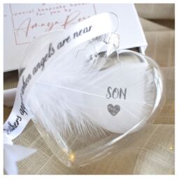 Amaya Rose Ltd In Memory of SON Feather Heart Bauble Gift Boxed in Clear - thumbnail 4
