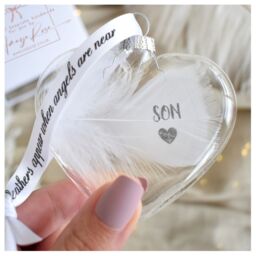 Amaya Rose Ltd In Memory of SON Feather Heart Bauble Gift Boxed in Clear - thumbnail 2