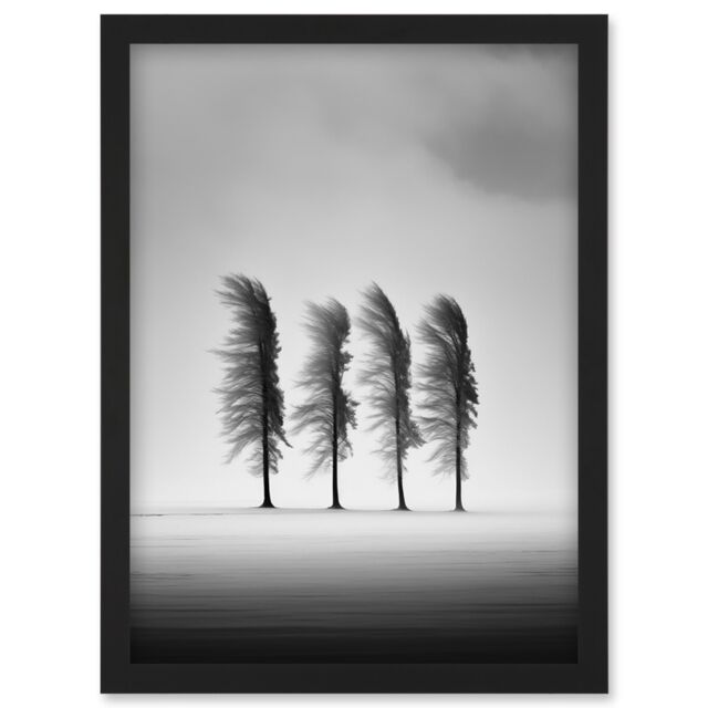 Artery8 Wall Art Print Still Holding Strong Black & White Winter Landscape Photograph Wind Blowing on a Row of Cypress Hills Artwork Framed A4 - image 1
