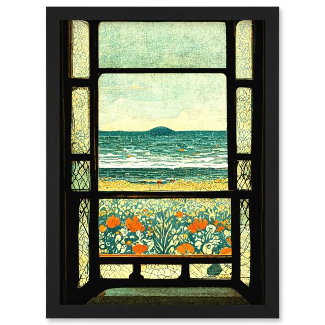 Artery8 A Sea View Seaside Beach Flowers William Morris Artwork Framed Wall Art Print A4 in Black - image 1