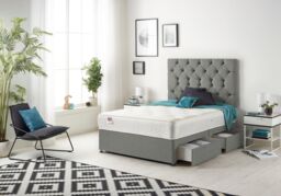Somnior Premier Linen Fabric Divan Bed with Spring Memory Foam Mattress & Upholstered Headboard 4 Drawers in Silver - Size: King