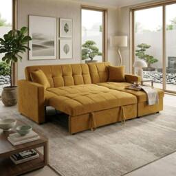 Bed Time UK Luxora L-Shaped Sofa Bed with Storage Chaise 3 Seater in Mustard