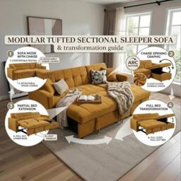 Bed Time UK Luxora L-Shaped Sofa Bed with Storage Chaise 3 Seater in Mustard - thumbnail 4