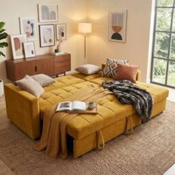 Bed Time UK Luxora L-Shaped Sofa Bed with Storage Chaise 3 Seater in Mustard - thumbnail 3