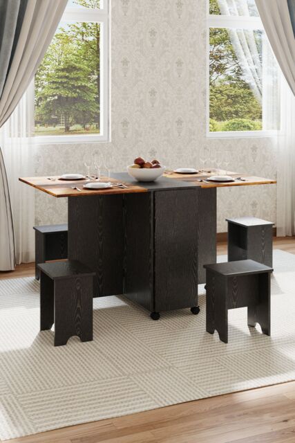 Living and Home Folding Dining Table Set with 4 Stools in Natural - image 1