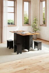 Living and Home Folding Dining Table Set with 4 Stools in Natural - thumbnail 2