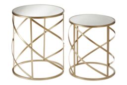 Orsina Set Of 2 Champagne Swirl Frame Side Tables, Mirrored Glass Top Accent Tables, Iron Base Nesting Tables in Gold