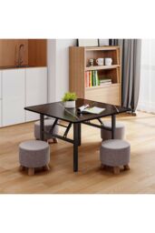 Living and Home 80cm Square Foldable Coffee Table with Marble Effect Top Low Dining Table in Black - thumbnail 3