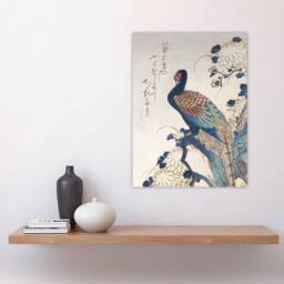 "Artery8 Pheasant & Chrysanthemums Japanese Wall Art Print Hiroshige in Blue - Size: W18"" x H24""" - thumbnail 4