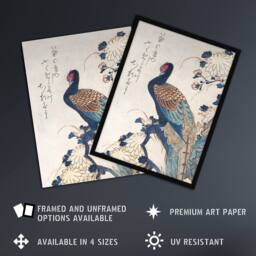 "Artery8 Pheasant & Chrysanthemums Japanese Wall Art Print Hiroshige in Blue - Size: W18"" x H24""" - thumbnail 2