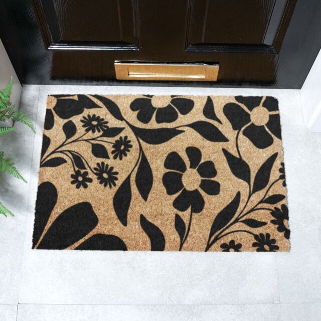 Artsy Mats Black Floral Pattern Coir Doormat (60 x 40cm) in Brown - Size: 40 cm x 60 cm - image 1