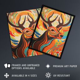 Artery8 Wall Art Print Abstract Majestic Stag Autumn Hues Sunrise Reindeer Head Portrait Vibrant Bold Bright Colourful Painting Art Framed - thumbnail 2