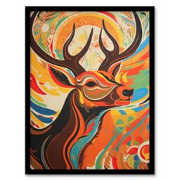 Artery8 Wall Art Print Abstract Majestic Stag Autumn Hues Sunrise Reindeer Head Portrait Vibrant Bold Bright Colourful Painting Art Framed - thumbnail 1