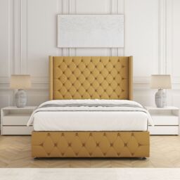 "BSSPOKE Mayfair Plush Velvet Divan Bed 54"" Headboard & Mattress No Drawers in Mustard - Size: King"
