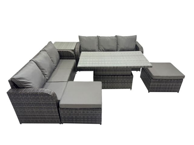 Fimous Rattan Garden Furniture Set 8-seater with Side Table 2 Big Footstool in Dark Grey - image 1