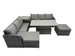 Fimous Rattan Garden Furniture Set 8-seater with Side Table 2 Big Footstool in Dark Grey - thumbnail 1
