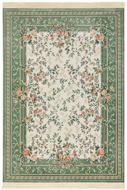 THE RUGS Oriental Velvet Antik Flowers Rug - Floral Fringed Viscose Carpet in Green - Size: 195 cm x 290 cm - image 1