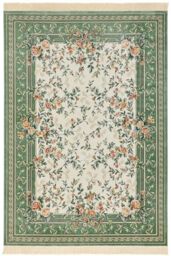 THE RUGS Oriental Velvet Antik Flowers Rug - Floral Fringed Viscose Carpet in Green - Size: 195 cm x 290 cm