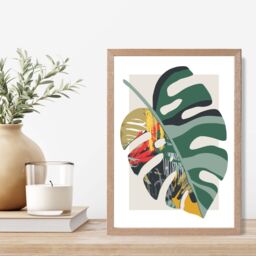 ARTZE Monstera Green & Red Minamilist Framed Print SIZE: A4 with Oak Frame - thumbnail 2