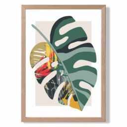 ARTZE Monstera Green & Red Minamilist Framed Print SIZE: A4 with Oak Frame - thumbnail 1