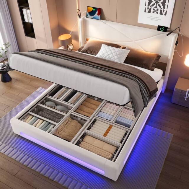 Direct Wicker Modern Hydraulic Double Bed Frame with LED Lighting & USB-C Ports in Beige - image 1