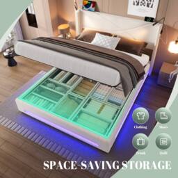 Direct Wicker Modern Hydraulic Double Bed Frame with LED Lighting & USB-C Ports in Beige - thumbnail 7