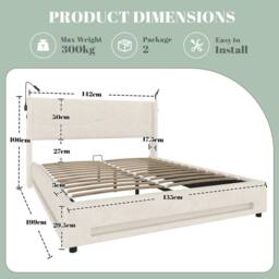 Direct Wicker Modern Hydraulic Double Bed Frame with LED Lighting & USB-C Ports in Beige - thumbnail 2