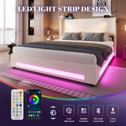 Direct Wicker Modern Hydraulic Double Bed Frame with LED Lighting & USB-C Ports in Beige - thumbnail 3