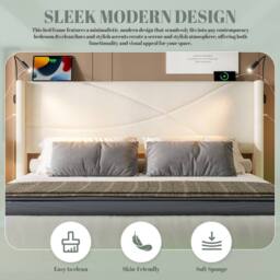 Direct Wicker Modern Hydraulic Double Bed Frame with LED Lighting & USB-C Ports in Beige - thumbnail 6