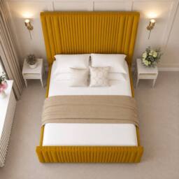 "Bed Choices Aspire Upholstered Bed Frame Ottoman Gas Lift Storage with 70"" Headboard in Mustard - Size: Double" - thumbnail 3