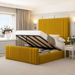 "Bed Choices Aspire Upholstered Bed Frame Ottoman Gas Lift Storage with 70"" Headboard in Mustard - Size: Double" - thumbnail 4