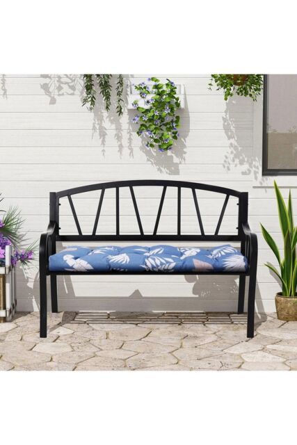 Garden Sanctuary 130cm W x 50cm D Blue Waterproof Sunproof Bench Cushion with Leaf Print - Size: 130 cm W x 50 cm D - image 1