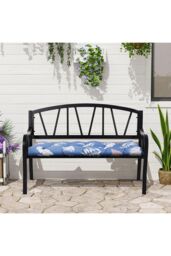 Garden Sanctuary 130cm W x 50cm D Blue Waterproof Sunproof Bench Cushion with Leaf Print - Size: 130 cm W x 50 cm D - thumbnail 1