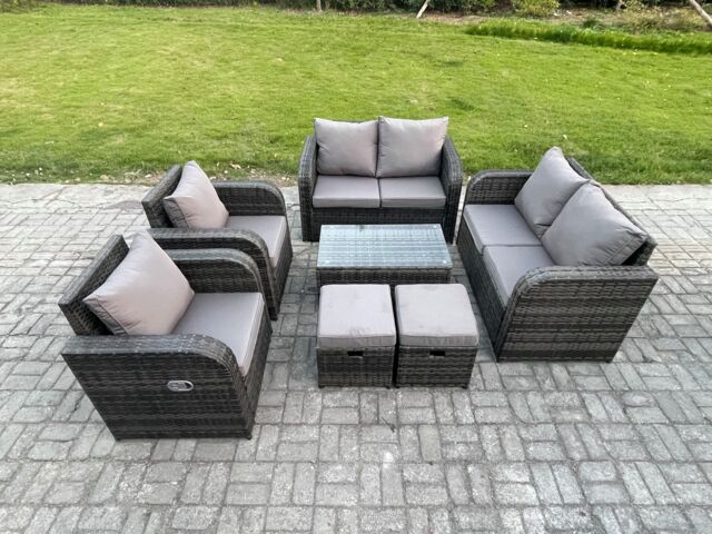 Fimous 8 Seater Rattan Garden Furniture Set Patio Outdoor Lounge Sofa Set with Rectangular Coffee Table 2 Small Footstools Love Sofa in Dark Grey - image 1