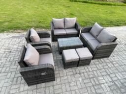 Fimous 8 Seater Rattan Garden Furniture Set Patio Outdoor Lounge Sofa Set with Rectangular Coffee Table 2 Small Footstools Love Sofa in Dark Grey - thumbnail 2