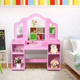 Costway 2 In 1 Kids Vanity Table Children Dressing Table Set in Pink - thumbnail 3