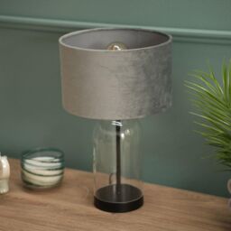 ValueLights Jessy Black Glass Table Lamp With Grey Velvet Shade