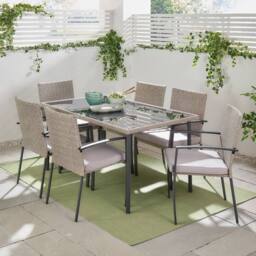 VonHaus Rattan Effect 6 Seater Garden Dining Table & Chairs Set in Grey - Size: 1 Pack
