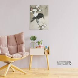 "Artery8 Crow With Cherry Blossom Flowers Canvas Wall Art Print Koson in Grey - Size: W18"" x H24""" - thumbnail 3