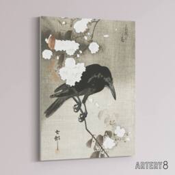 "Artery8 Crow With Cherry Blossom Flowers Canvas Wall Art Print Koson in Grey - Size: W18"" x H24""" - thumbnail 2