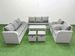 Fimous PE Rattan High Back Lounge Sofa Set Patio Oblong Coffee Table & Chairs Set with 3 Seater Sofa Reclining Chair Stools Light Grey - thumbnail 2