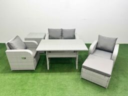 Fimous Light Grey PE Wicker Rattan Garden Furniture Set Sofa Set Reclining Chair Rectangular Dining Table 5 Seater With Footstool Side Table - thumbnail 1