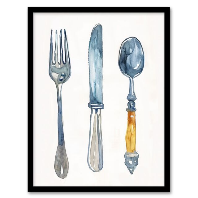 "Artery8 Cutlery Fork Spoon & Knife Bright Watercolour Framed Wall Art in Grey - Size: W12"" x H16""" - image 1