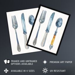 "Artery8 Cutlery Fork Spoon & Knife Bright Watercolour Framed Wall Art in Grey - Size: W12"" x H16""" - thumbnail 2