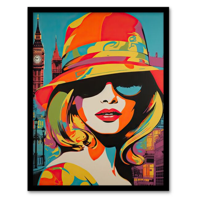 Artery8 Wall Art Print 1960s London Chic Retro Neon Orange Blue Woman Portrait With Big Ben Vibrant Bold Bright Colourful Painting Art Framed - image 1