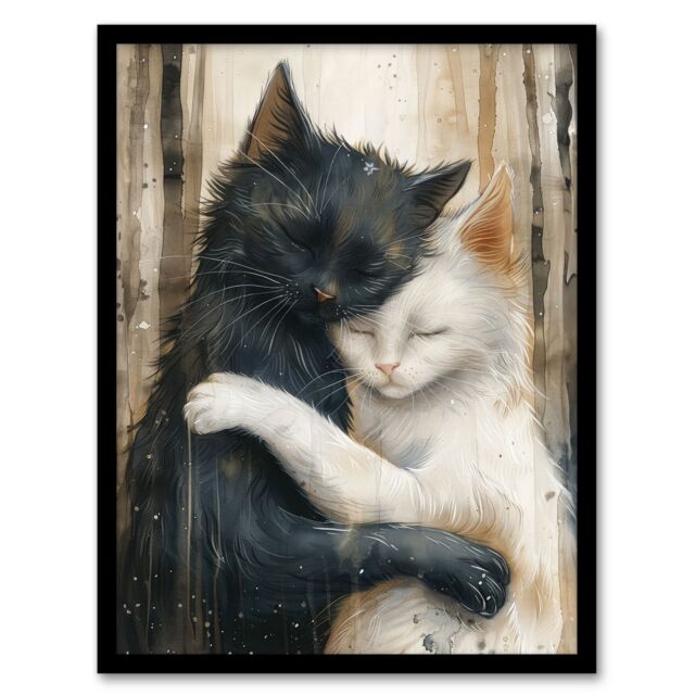 Artery8 Wall Art Print Black Cat White Cat Lover Hugging Watercolour Art Framed Poster - Size: A4 - image 1