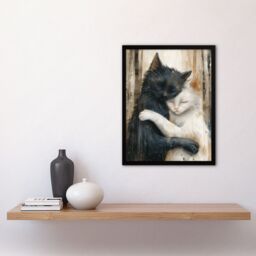 Artery8 Wall Art Print Black Cat White Cat Lover Hugging Watercolour Art Framed Poster - Size: A4 - thumbnail 4