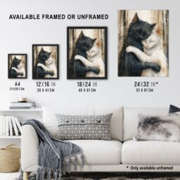 Artery8 Wall Art Print Black Cat White Cat Lover Hugging Watercolour Art Framed Poster - Size: A4 - thumbnail 3