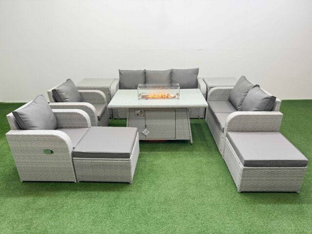 Fimous PE Rattan Garden Furniture Set Reclining Chair Sofa Double Love Seat 2 Seater Sofa Lounge Set Firepit Dining Table 2 Big Footstool 2 Side - image 1